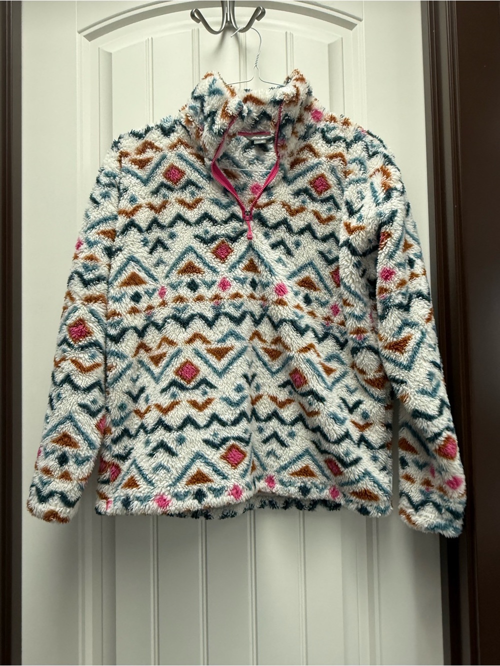 Eddie Bauer White Sherpa Quarter-Zip with Teal, Brown & Pink Pattern